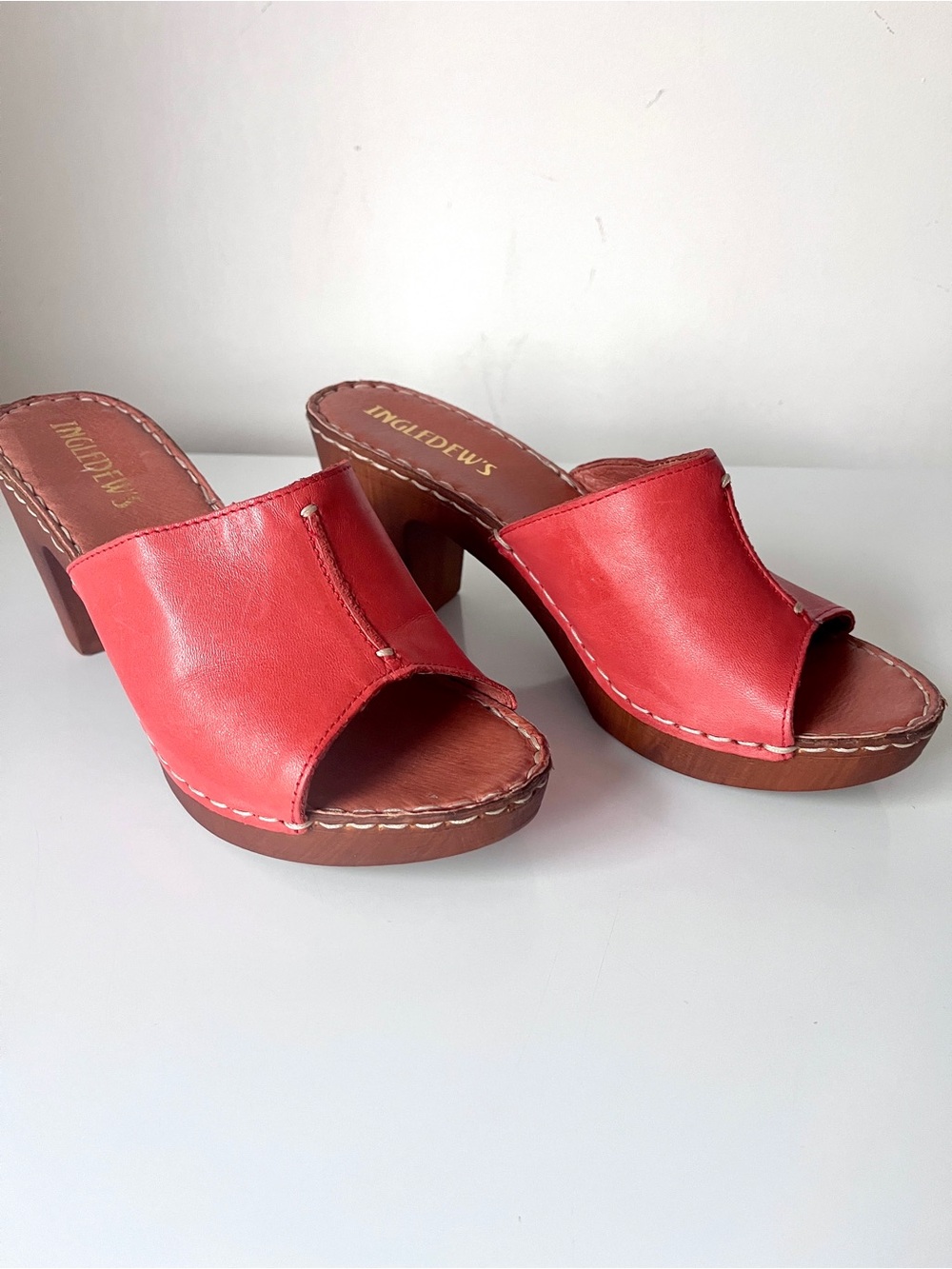 Ingledew’s Red Leather Peep Toe Clog Heels Leather Footbed EU 39 fits size 8